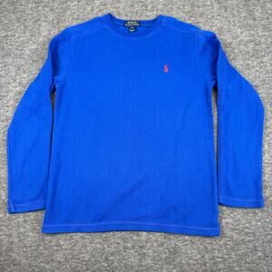 Polo Ralph Lauren Boys Henley Pullover Long Sleeve Shirt Blue Lrg 14-16 Red Pony
